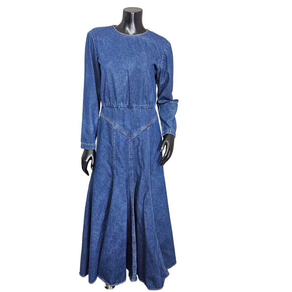 Vintage D Frank Denim Maxi Dress 70s Prairie Boho Western Blue Jean Dress Modest